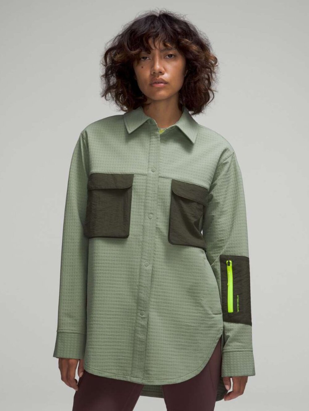 Lululemon Women 6 Grid Fleece Hiking Overshirt Green Oversized Relaxed Pockets